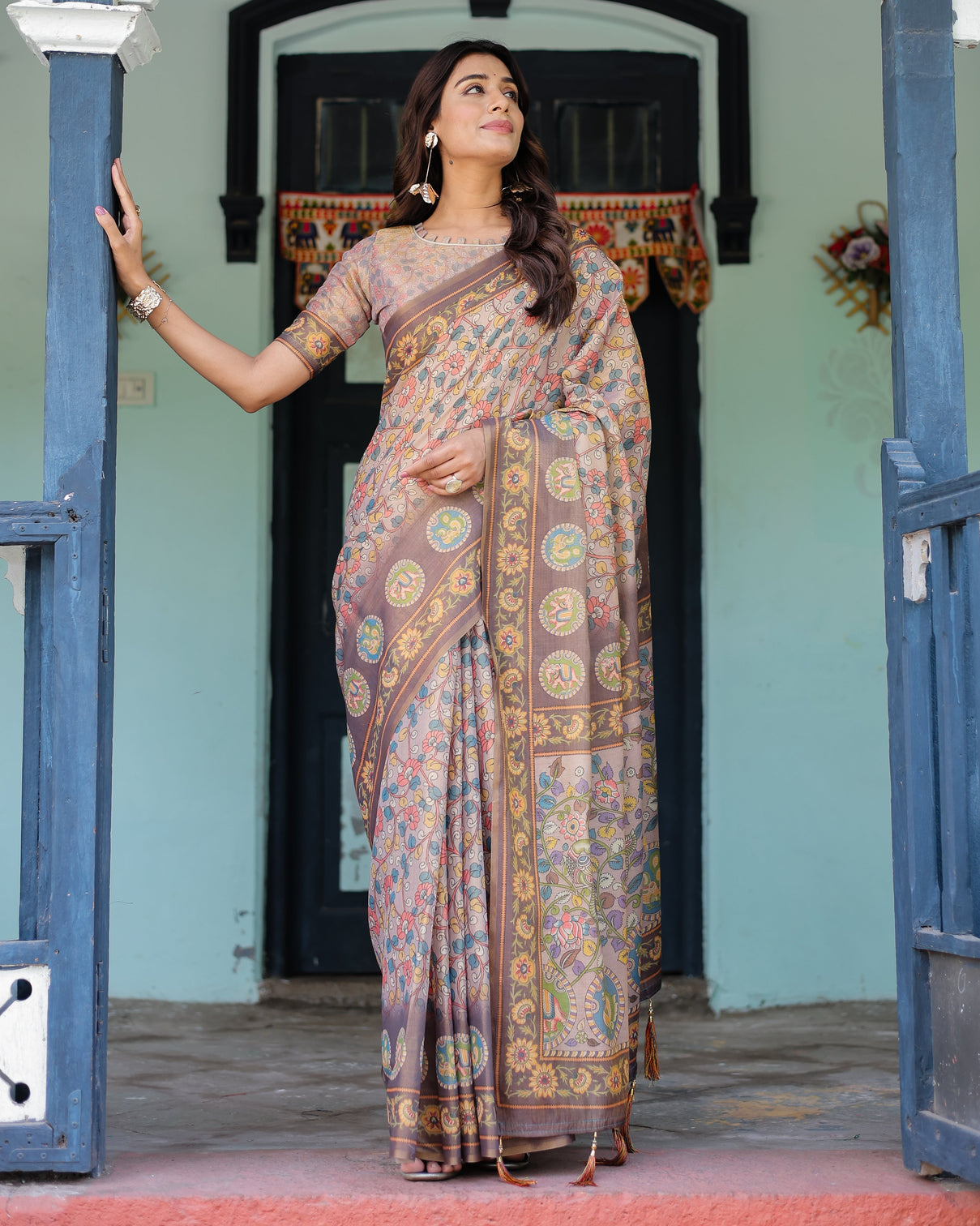 Mauve beige handloom cotton saree with pastel floral print royal tree elephant pallu