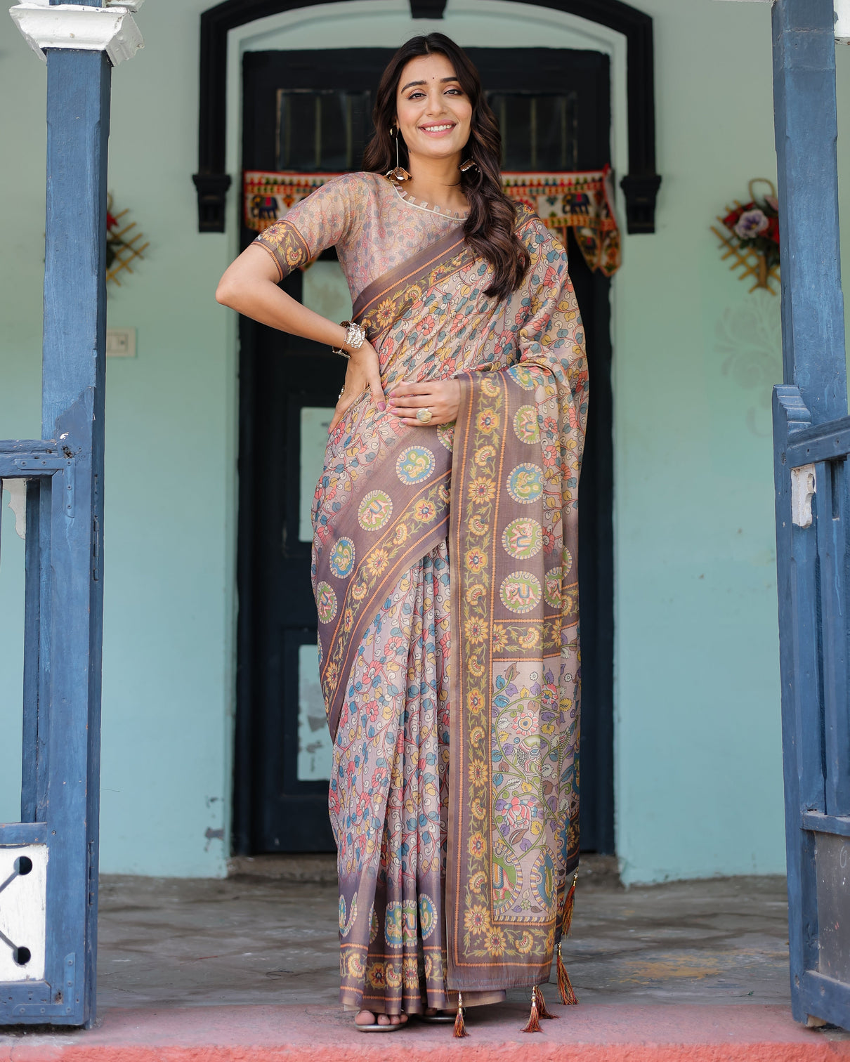 Mauve beige handloom cotton saree with pastel floral print royal tree elephant pallu