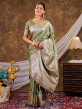 Sage Green Kanjivaram Banarasi Satin Silk Saree with Silver Zari Weaving, Floral Woven Border, Rich Designer Pallu & Tassels