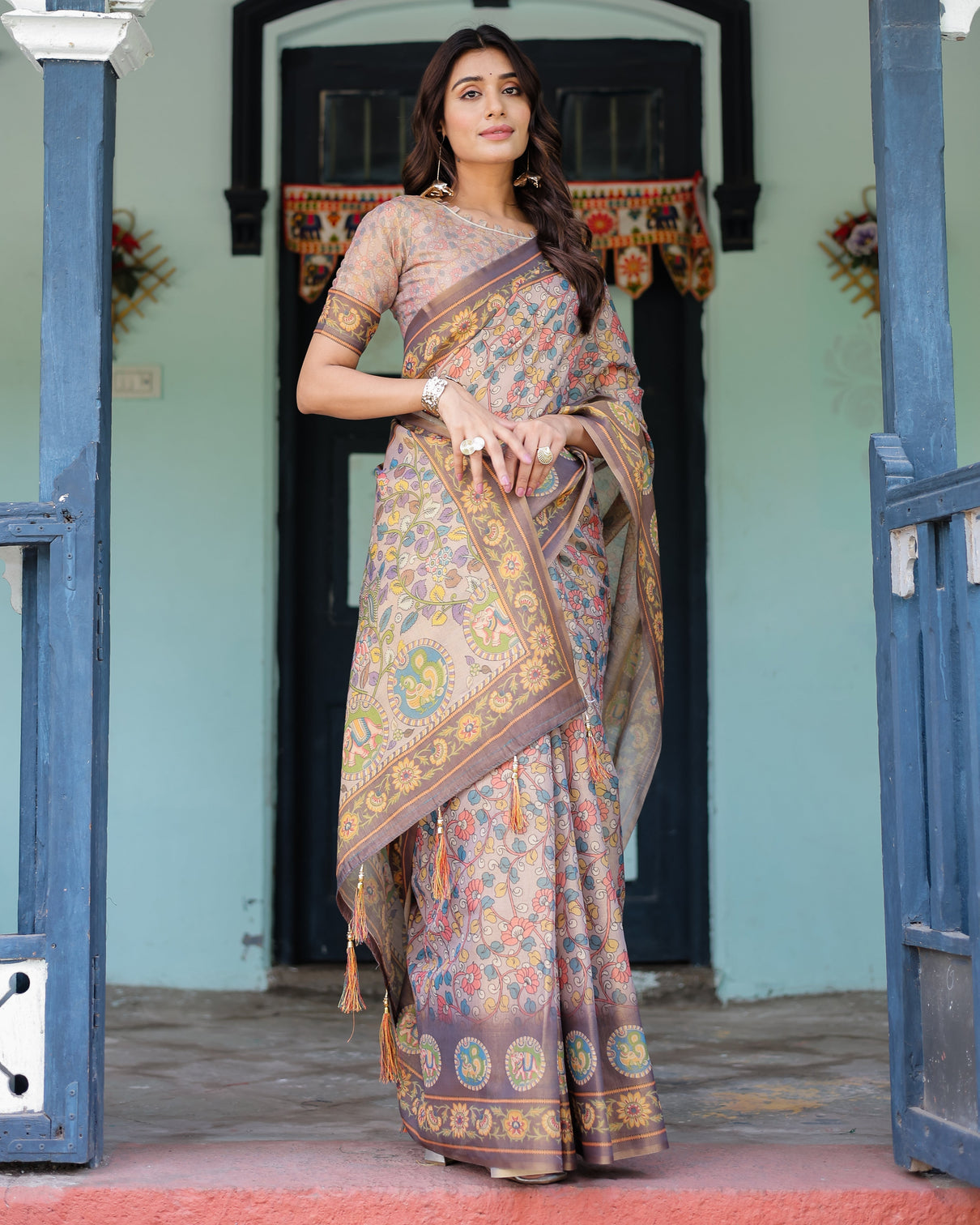 Mauve beige handloom cotton saree with pastel floral print royal tree elephant pallu