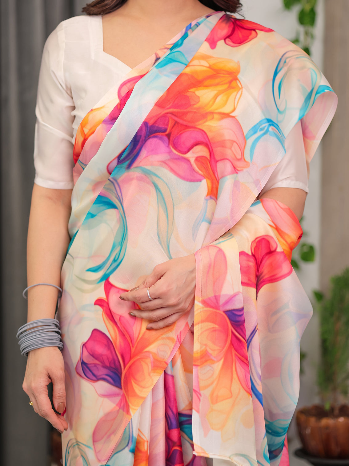 Ivory satin georgette multicolor abstract floral printed saree with attached blouse flowing designer saree for festive party wear