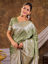 Sage Green Kanjivaram Banarasi Satin Silk Saree with Silver Zari Weaving, Floral Woven Border, Rich Designer Pallu & Tassels