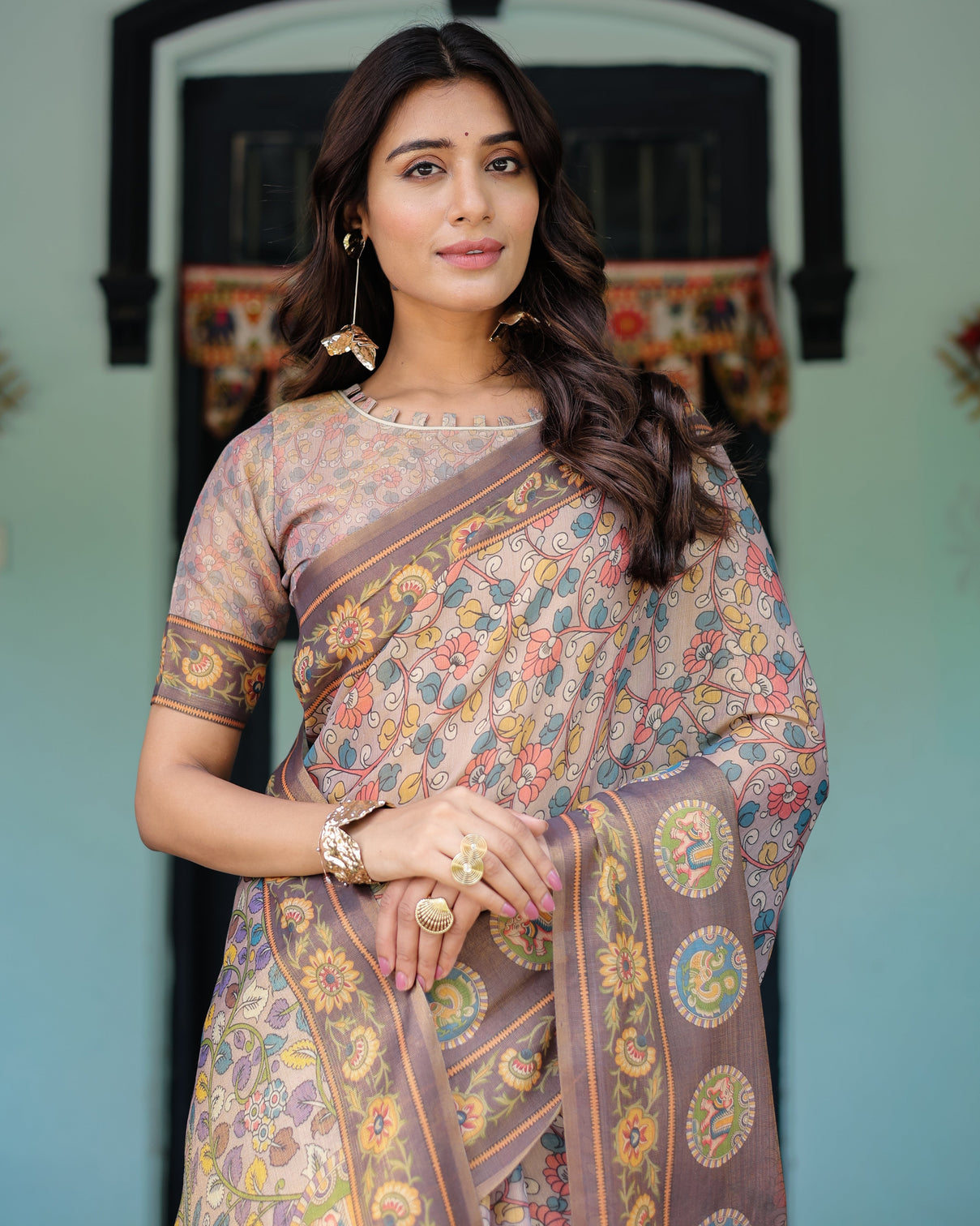 Mauve beige handloom cotton saree with pastel floral print royal tree elephant pallu