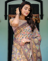 Mauve Beige Handloom Cotton Saree with Pastel Floral Print & Royal Tree-Elephant Pallu