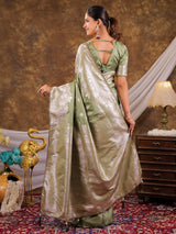 Sage Green Kanjivaram Banarasi Satin Silk Saree with Silver Zari Weaving, Floral Woven Border, Rich Designer Pallu & Tassels