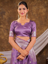 Royal Lavender Kanjivaram Banarasi Satin Silk Saree with Silver Zari Weaving, Designer Woven Pallu & Tassel Detailing