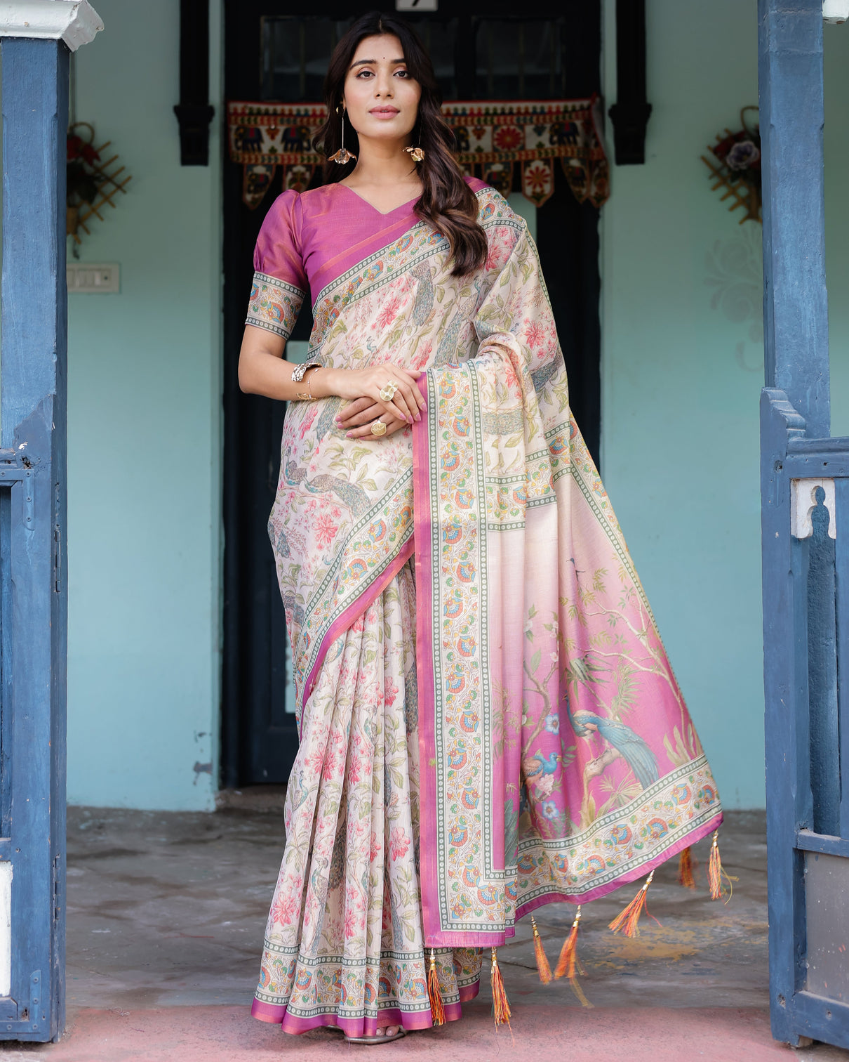 Lavender beige handloom cotton saree with floral vine print majestic peacock pallu mameraa