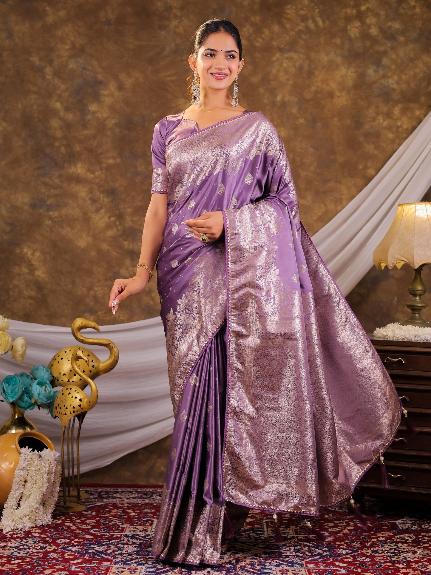 Royal Lavender Kanjivaram Banarasi Satin Silk Saree with Silver Zari Weaving, Designer Woven Pallu & Tassel Detailing