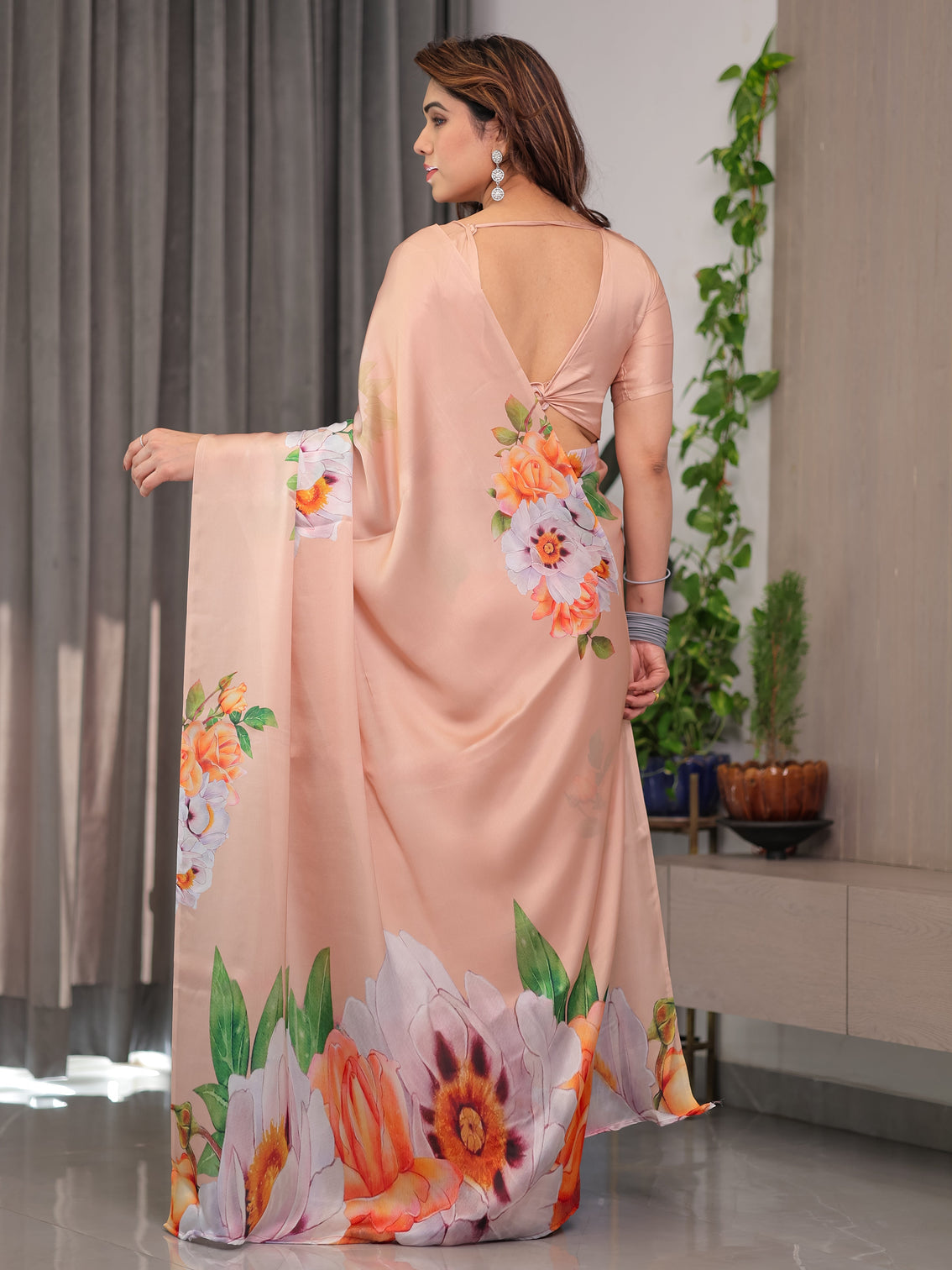 Peach satin georgette floral printed saree with attached blouse soft pastel designer saree for festive elegant wear