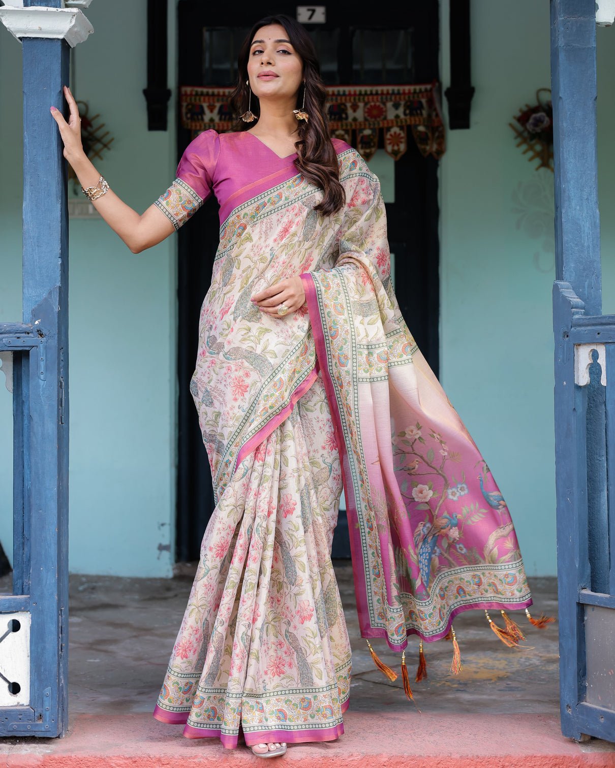 Lavender beige handloom cotton saree with floral vine print majestic peacock pallu