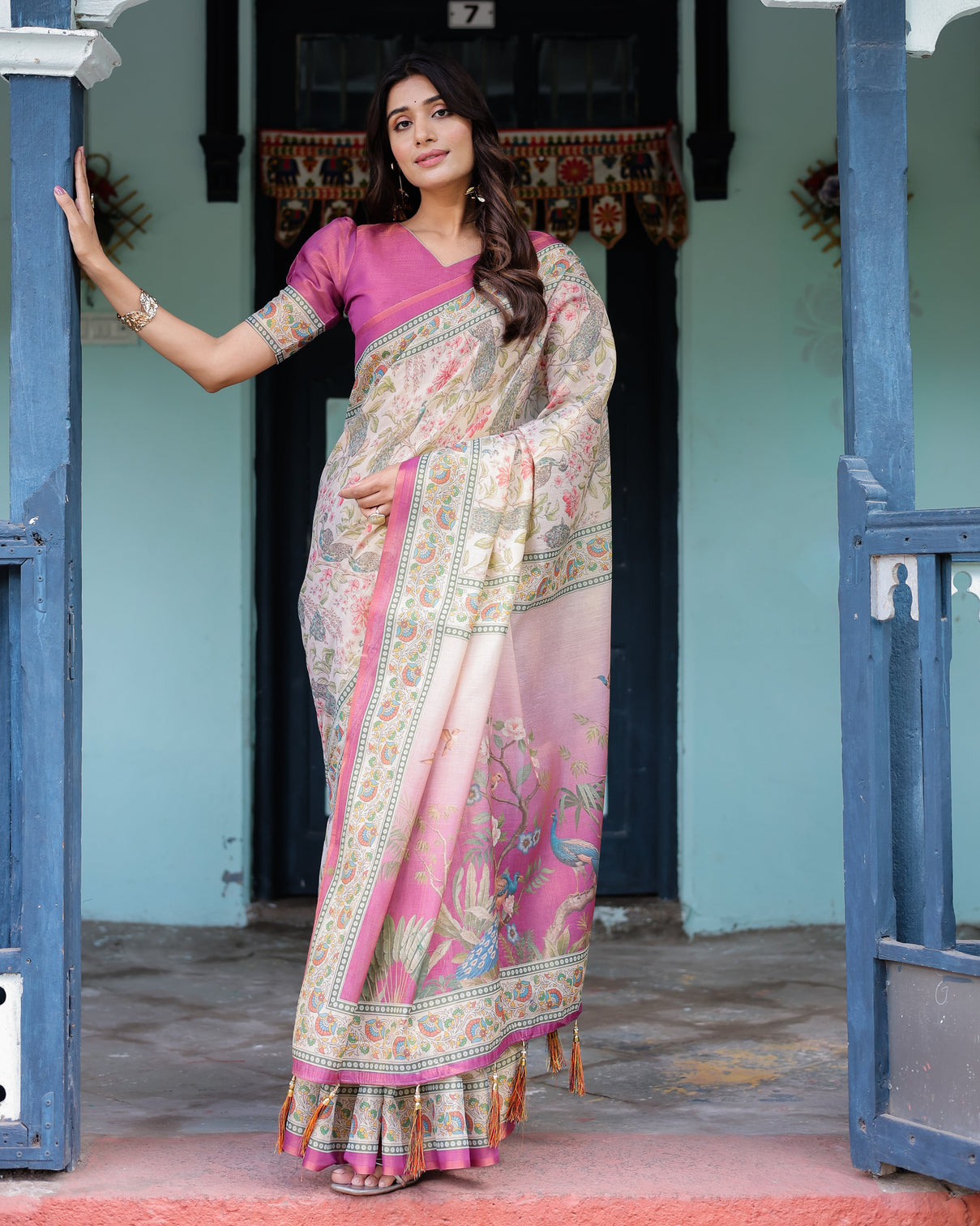 Lavender beige handloom cotton saree with floral vine print majestic peacock pallu