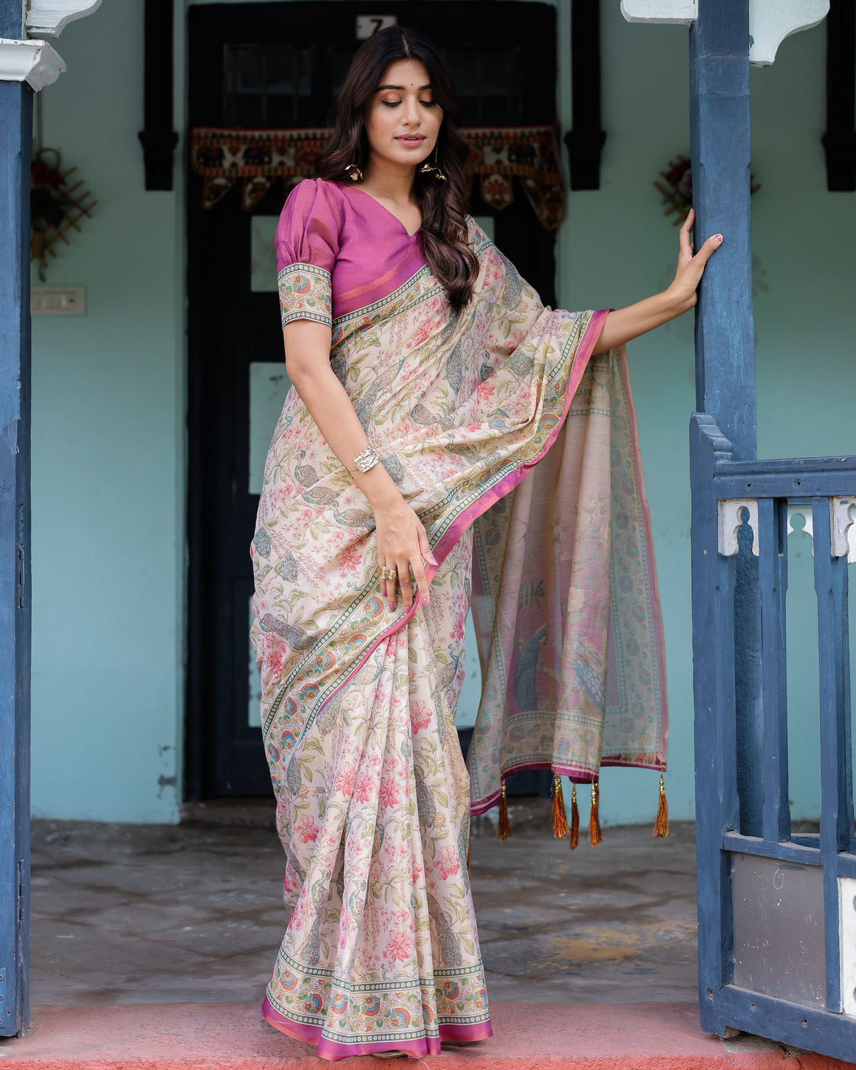 Lavender beige handloom cotton saree with floral vine print majestic peacock pallu