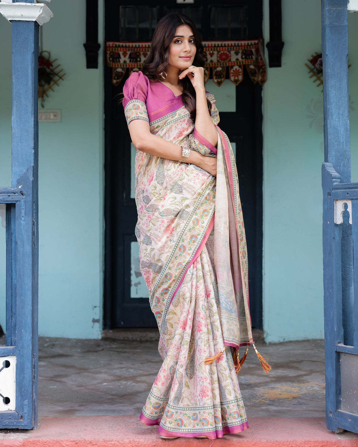 Lavender beige handloom cotton saree with floral vine print majestic peacock pallu
