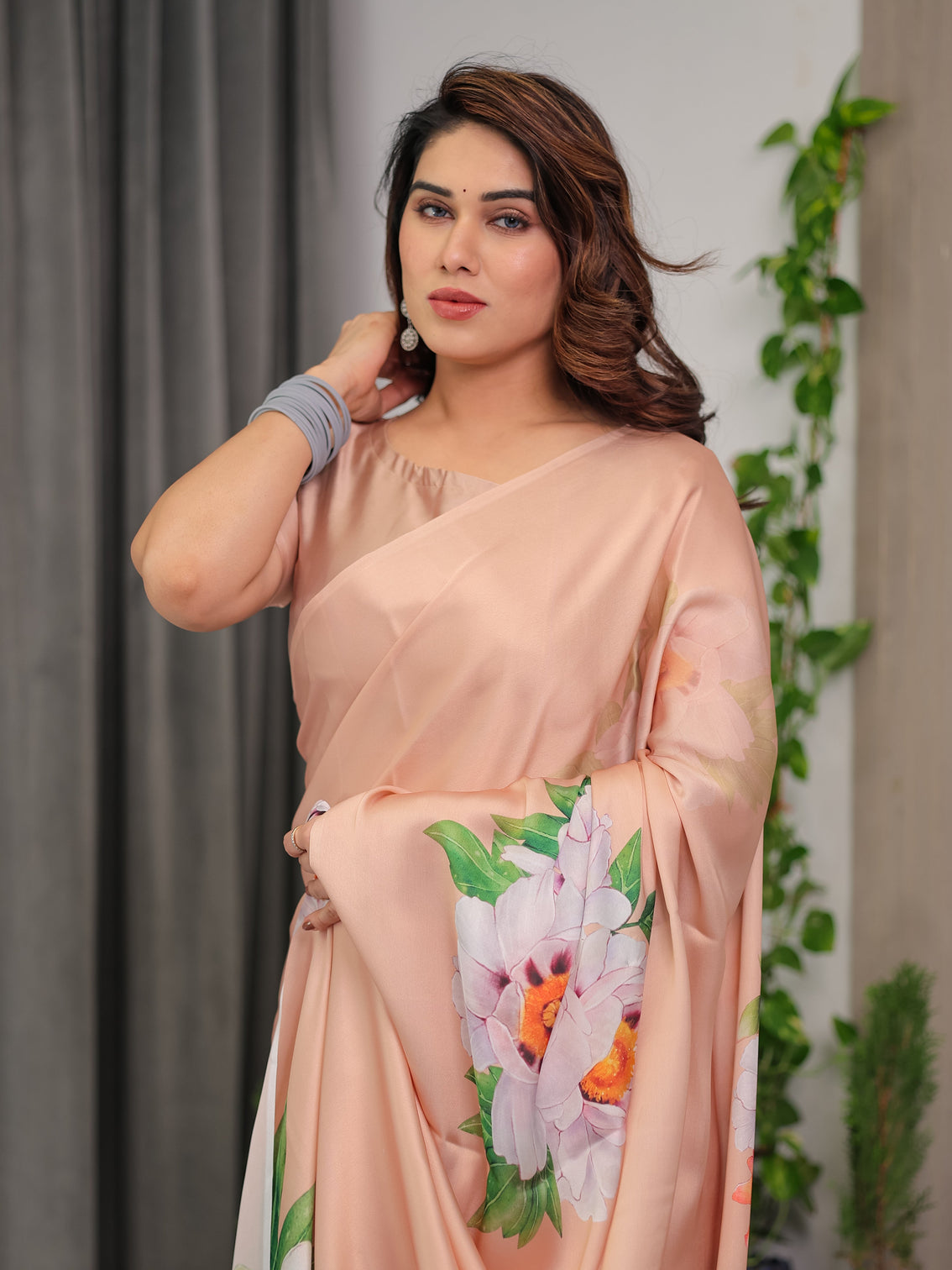 Peach satin georgette floral printed saree with attached blouse soft pastel designer saree for festive elegant wear