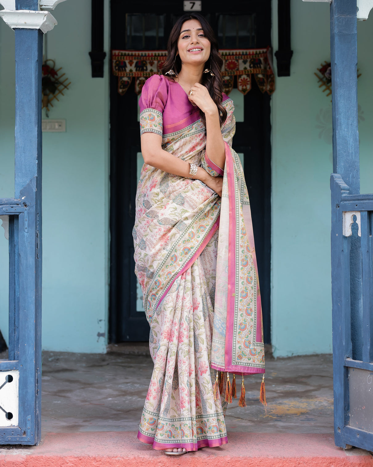 Lavender beige handloom cotton saree with floral vine print majestic peacock pallu