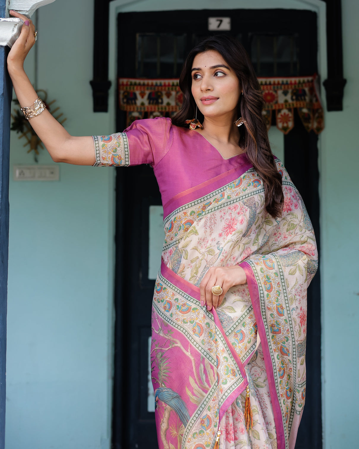 Lavender beige handloom cotton saree with floral vine print majestic peacock pallu