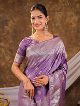 Royal Lavender Kanjivaram Banarasi Satin Silk Saree with Silver Zari Weaving, Designer Woven Pallu & Tassel Detailing