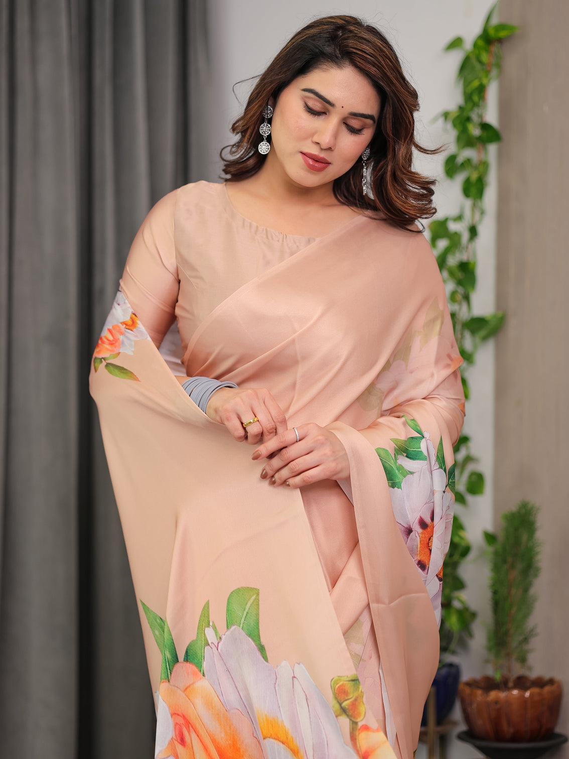 Peach satin georgette floral printed saree with attached blouse soft pastel designer saree for festive elegant wear