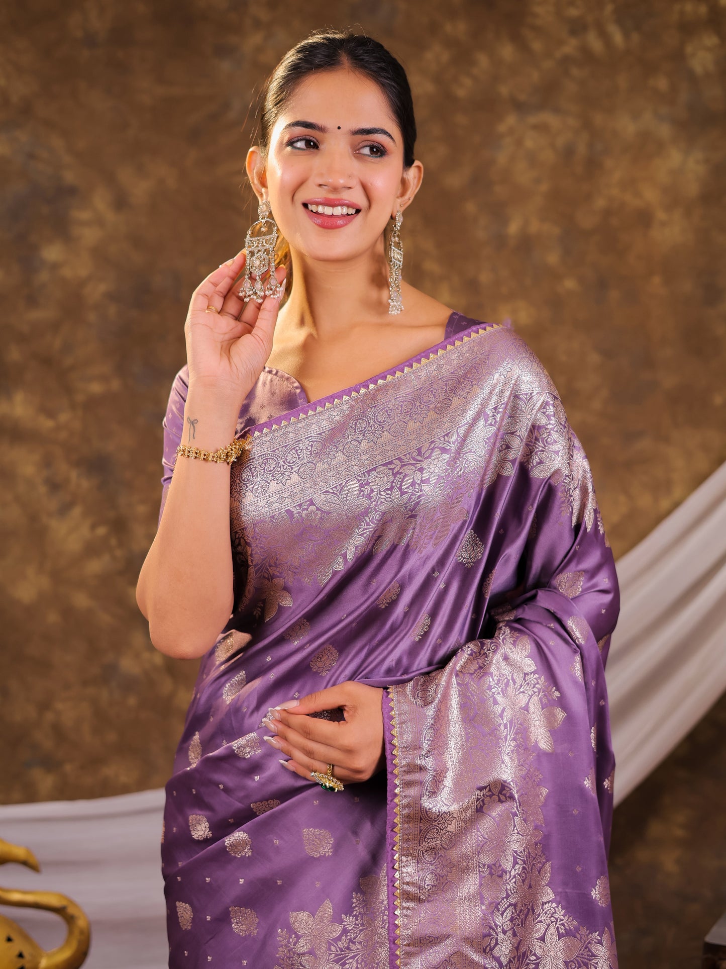 Royal Lavender Kanjivaram Banarasi Satin Silk Saree with Silver Zari Weaving, Designer Woven Pallu & Tassel Detailing
