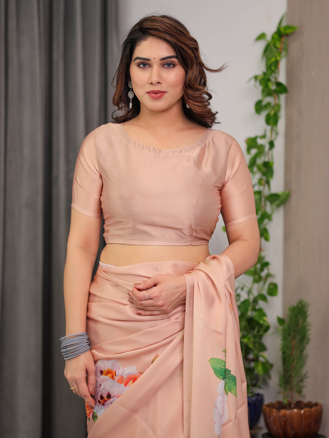 Peach satin georgette floral printed saree with attached blouse soft pastel designer saree for festive elegant wear