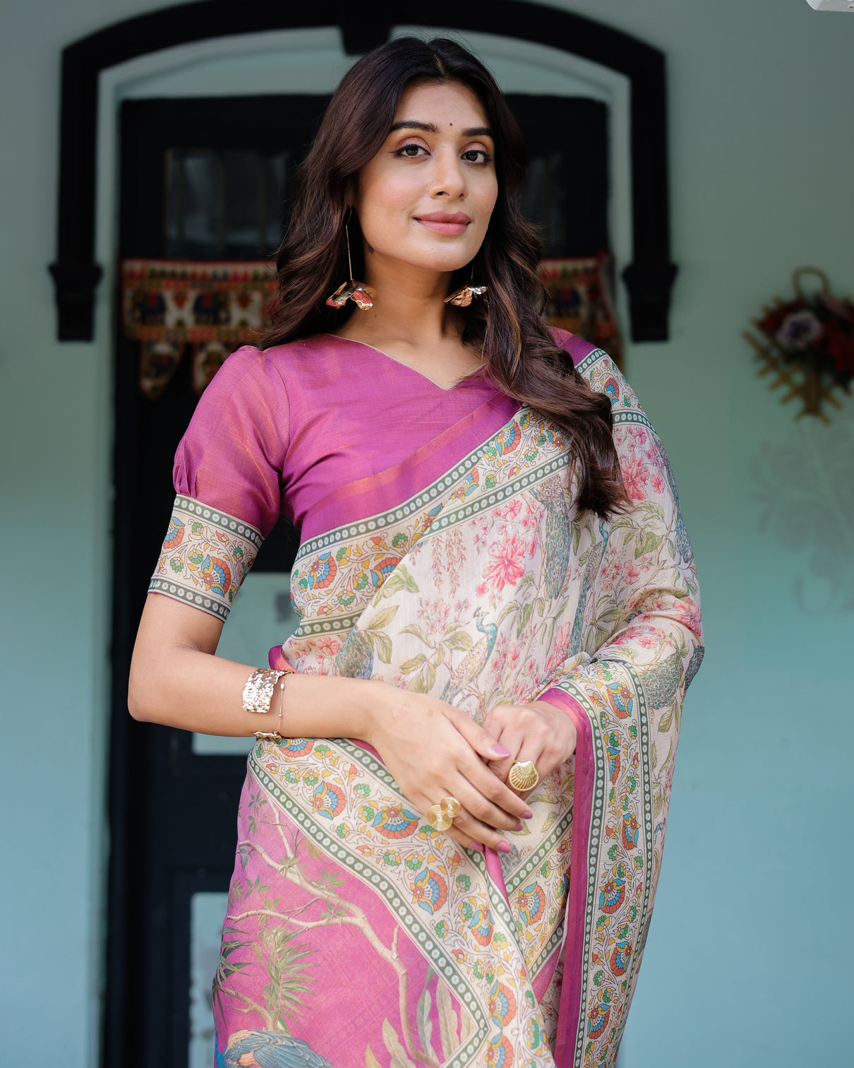 Lavender beige handloom cotton saree with floral vine print majestic peacock pallu