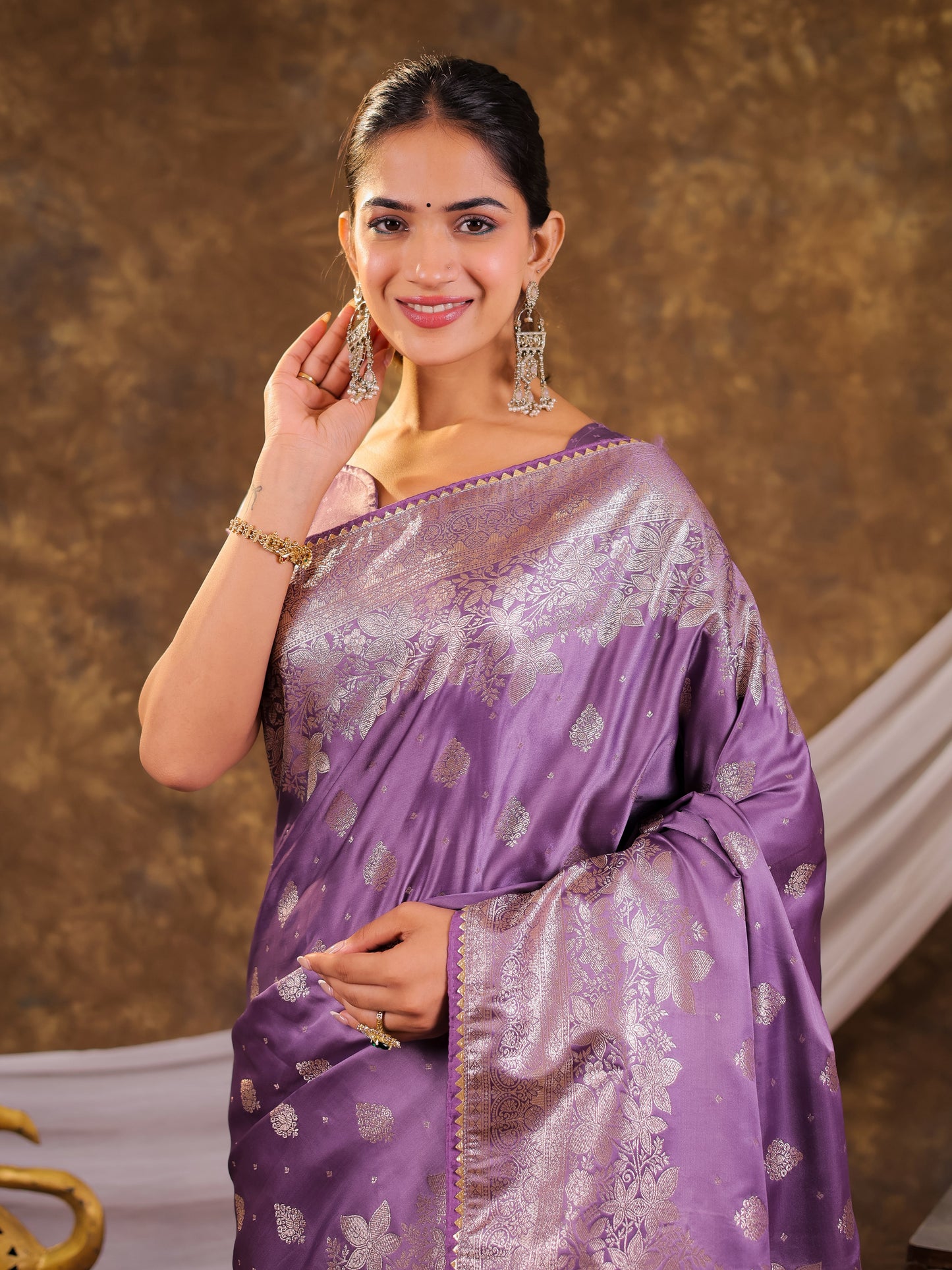 Royal Lavender Kanjivaram Banarasi Satin Silk Saree with Silver Zari Weaving, Designer Woven Pallu & Tassel Detailing