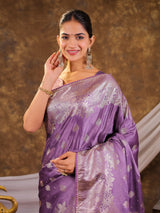 Royal Lavender Kanjivaram Banarasi Satin Silk Saree with Silver Zari Weaving, Designer Woven Pallu & Tassel Detailing