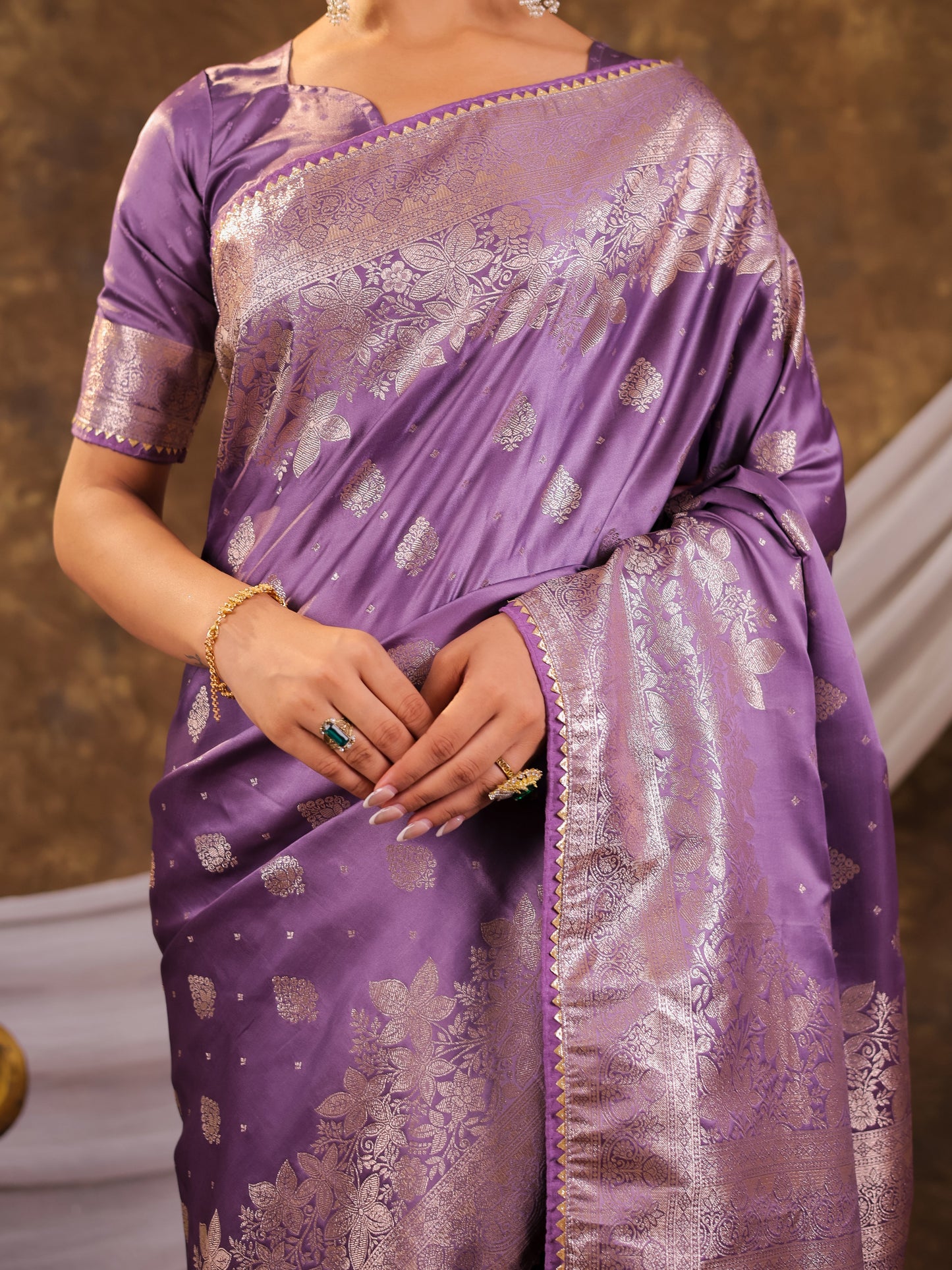 Royal Lavender Kanjivaram Banarasi Satin Silk Saree with Silver Zari Weaving, Designer Woven Pallu & Tassel Detailing