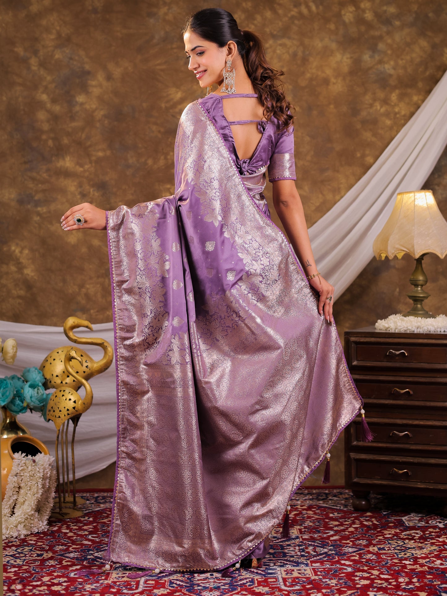 Royal Lavender Kanjivaram Banarasi Satin Silk Saree with Silver Zari Weaving, Designer Woven Pallu & Tassel Detailing