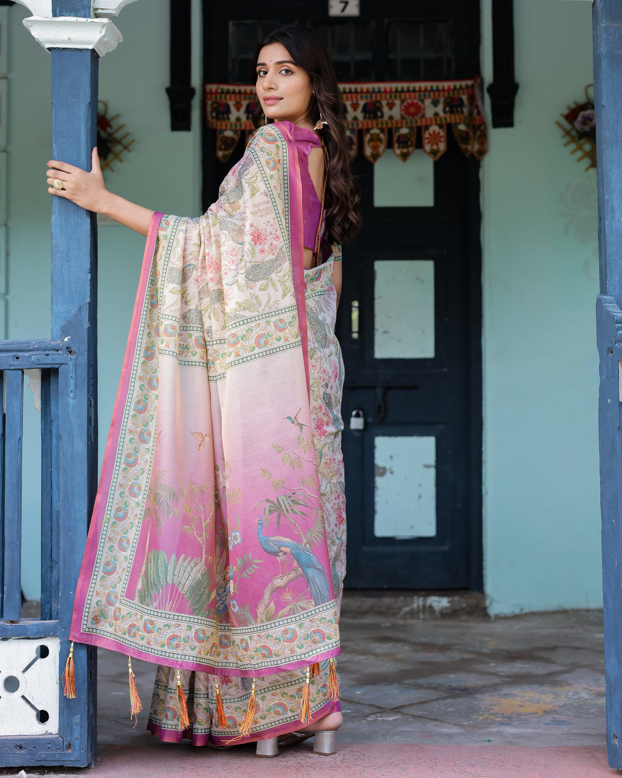 Lavender beige handloom cotton saree with floral vine print majestic peacock pallu