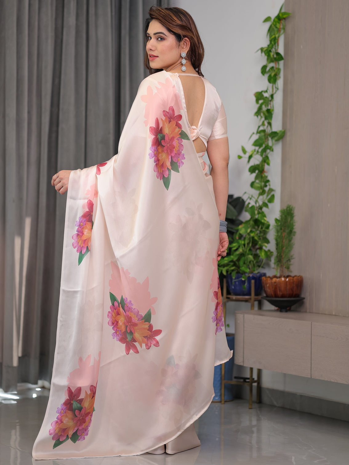 Blush peach satin georgette floral printed saree with attached blouse soft pastel designer saree for elegant festive wear