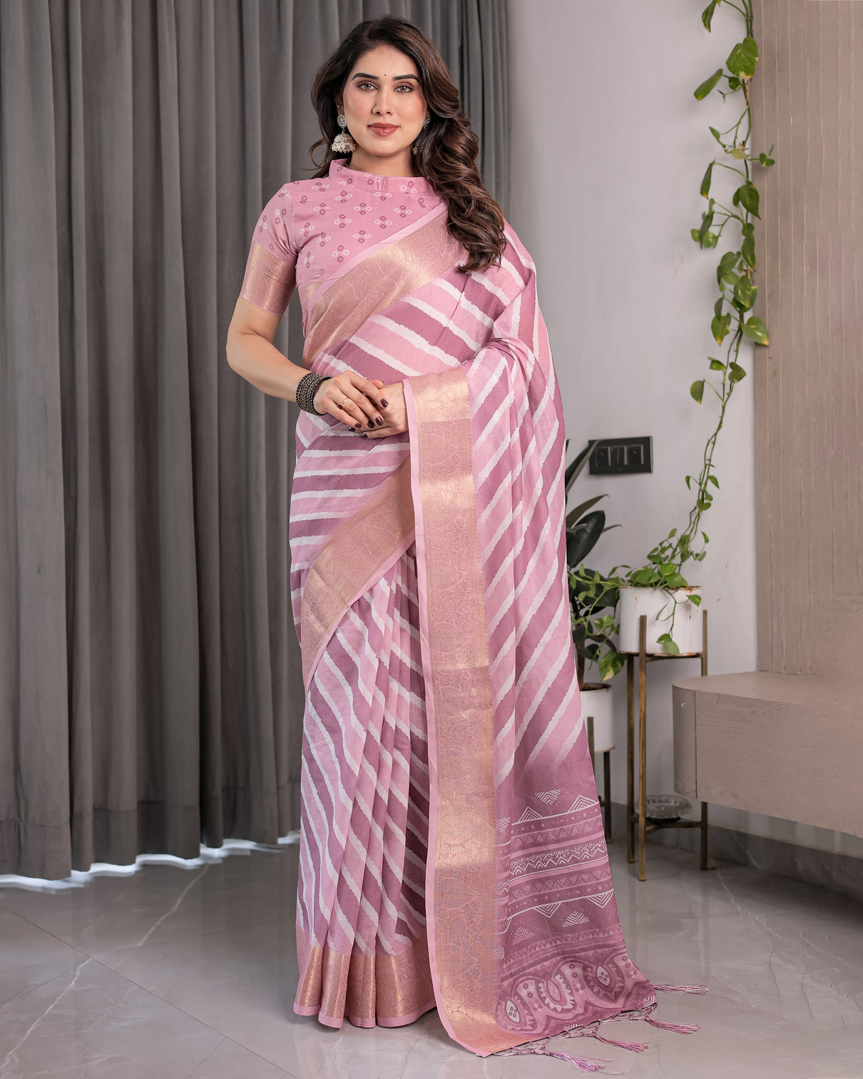 Artisan dusty pink handloom linen saree with tribal pallu
