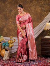 Rose Pink Kanjivaram Banarasi Satin Silk Saree with Silver Zari Weaving, Floral Woven Border, Rich Designer Pallu & Tassels
