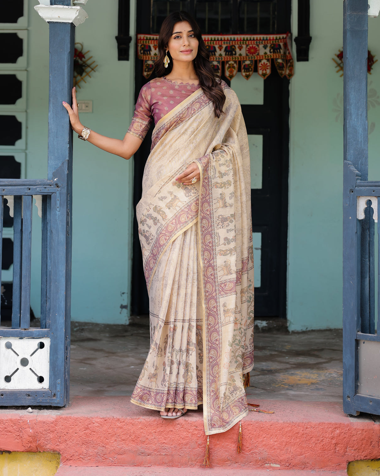 Beige mauve handloom cotton saree with subtle ramayan print and heritage motif pallu mameraa
