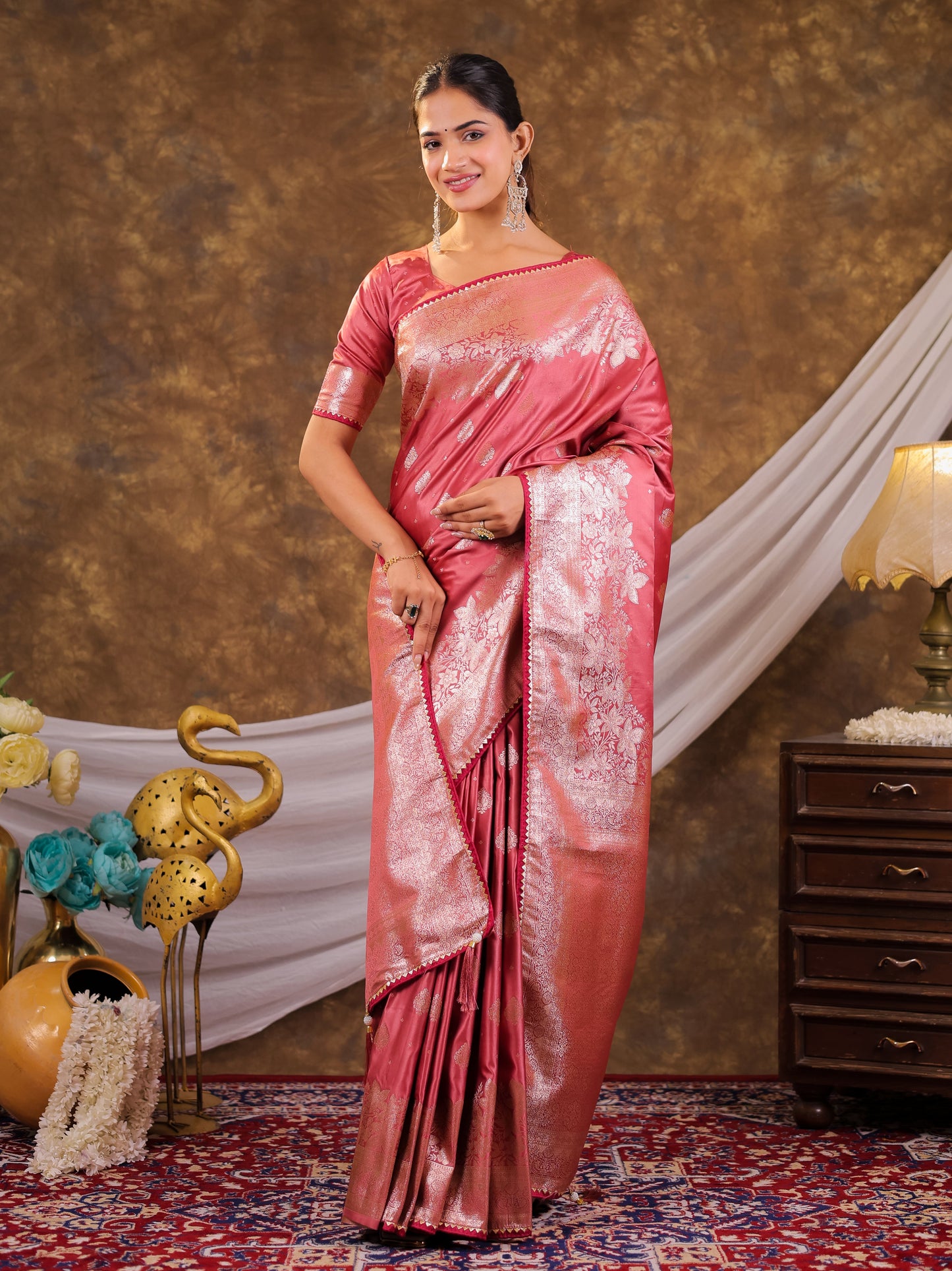 Rose Pink Kanjivaram Banarasi Satin Silk Saree with Silver Zari Weaving, Floral Woven Border, Rich Designer Pallu & Tassels