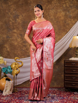 Rose Pink Kanjivaram Banarasi Satin Silk Saree with Silver Zari Weaving, Floral Woven Border, Rich Designer Pallu & Tassels