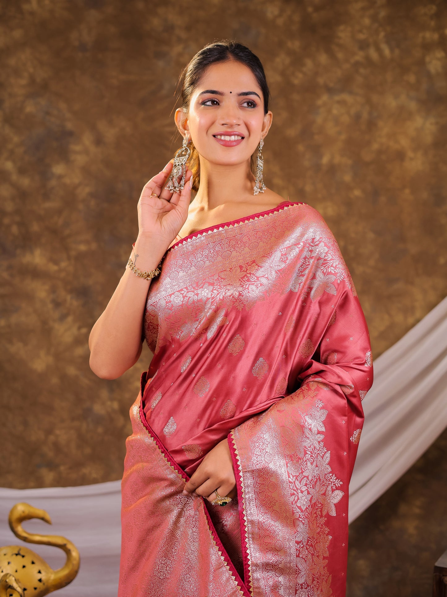 Rose Pink Kanjivaram Banarasi Satin Silk Saree with Silver Zari Weaving, Floral Woven Border, Rich Designer Pallu & Tassels