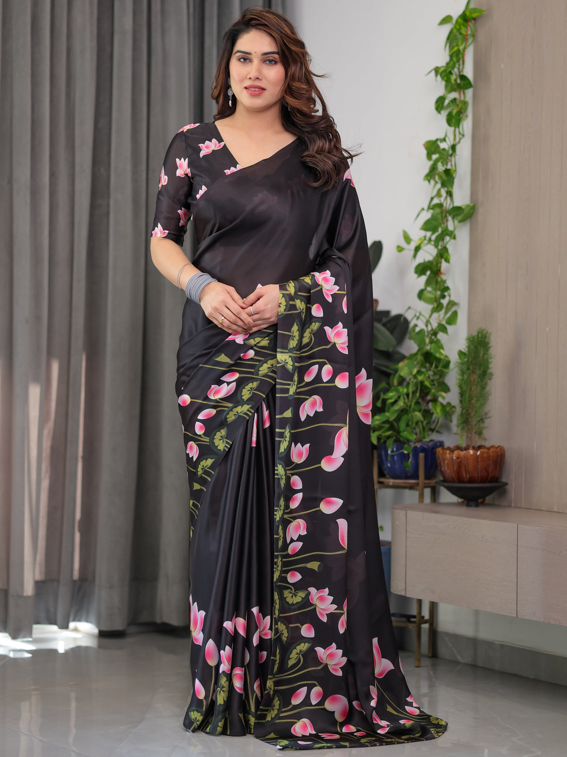 Black satin georgette lotus floral printed saree with attached blouse elegant designer saree for festive evening wear mameraa