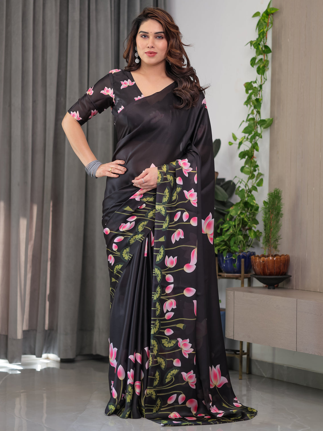 Black satin georgette lotus floral printed saree with attached blouse elegant designer saree for festive evening wear