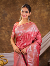 Rose Pink Kanjivaram Banarasi Satin Silk Saree with Silver Zari Weaving, Floral Woven Border, Rich Designer Pallu & Tassels