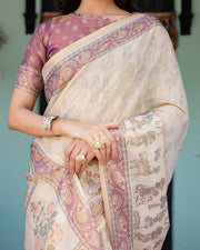 Beige mauve handloom cotton saree with subtle ramayan print and heritage motif pallu