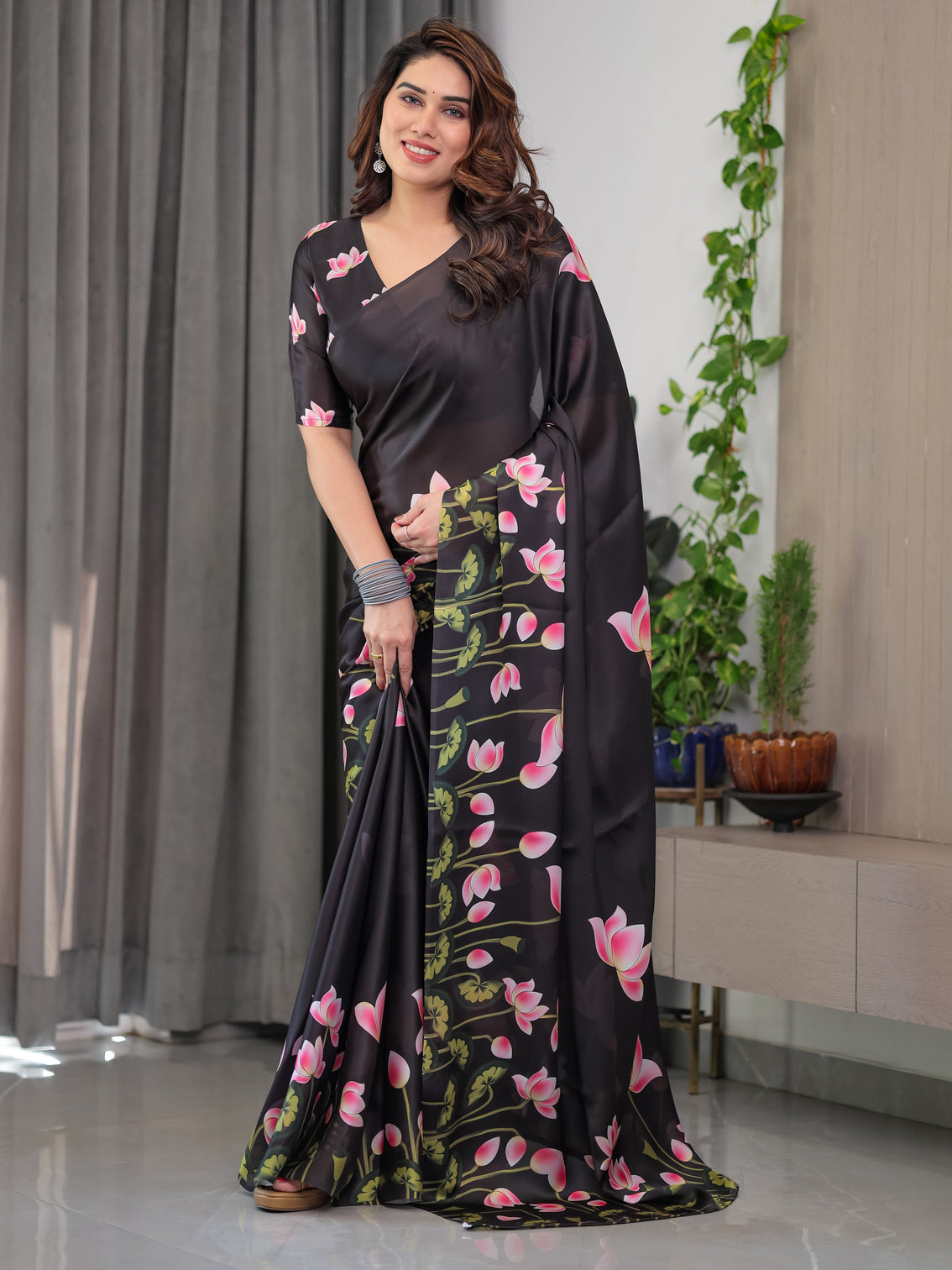 Black satin georgette lotus floral printed saree with attached blouse elegant designer saree for festive evening wear