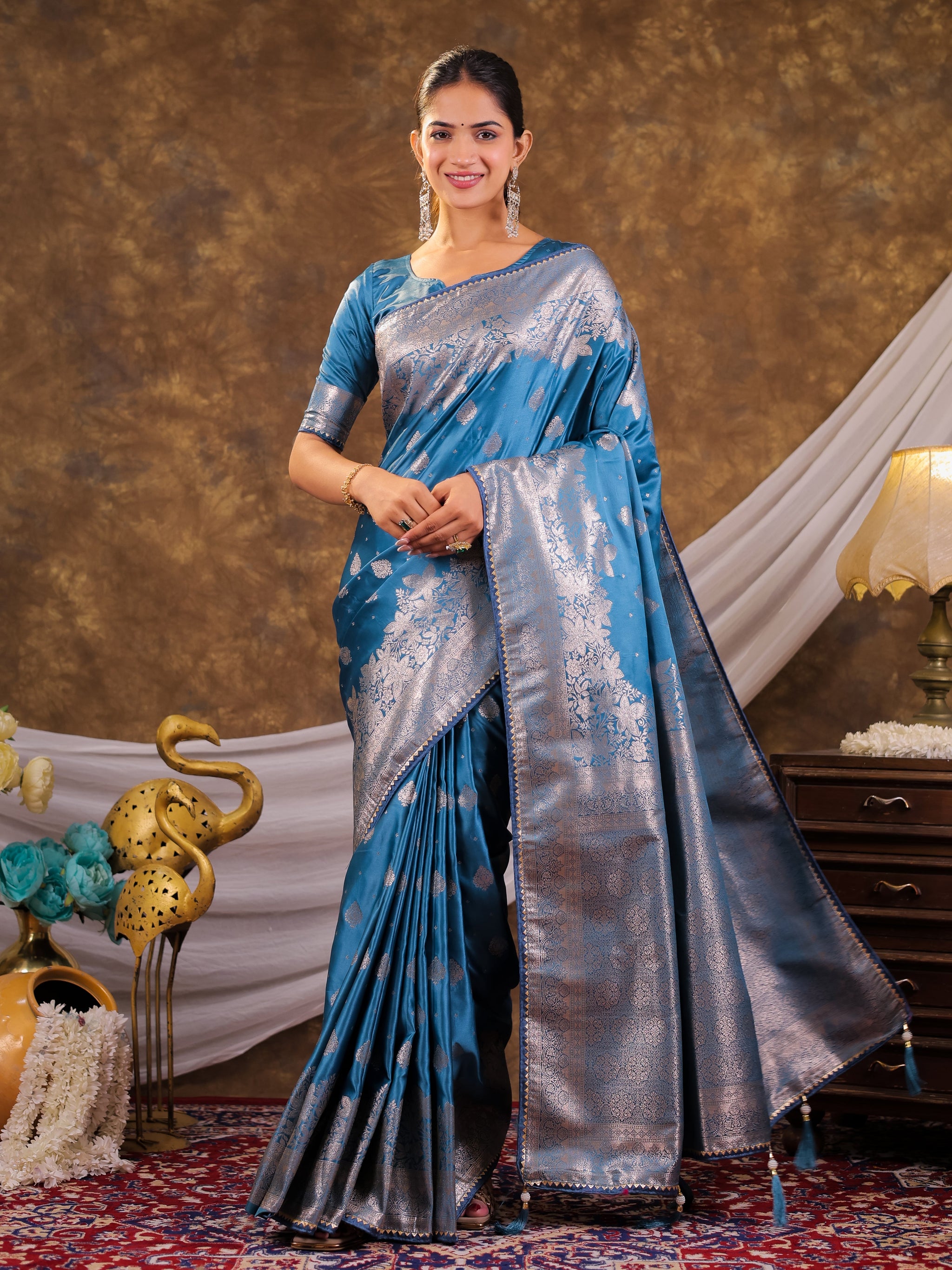 Sky Blue Kanjivaram Banarasi Satin Silk Saree with Silver Zari Weaving, Floral Woven Border, Rich Designer Pallu & Tassels