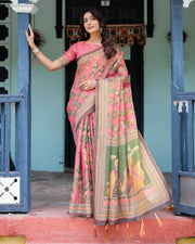 Coral pink handloom cotton saree with traditional folk procession print classical dance pallu mameraa
