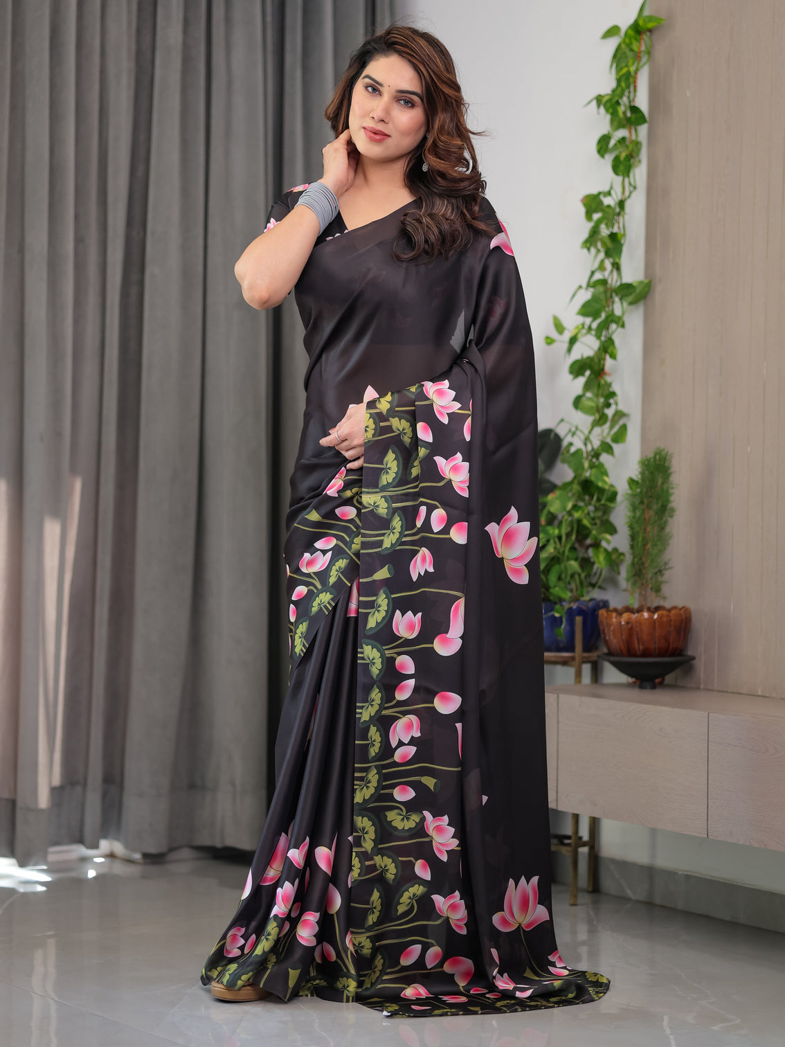 Black satin georgette lotus floral printed saree with attached blouse elegant designer saree for festive evening wear