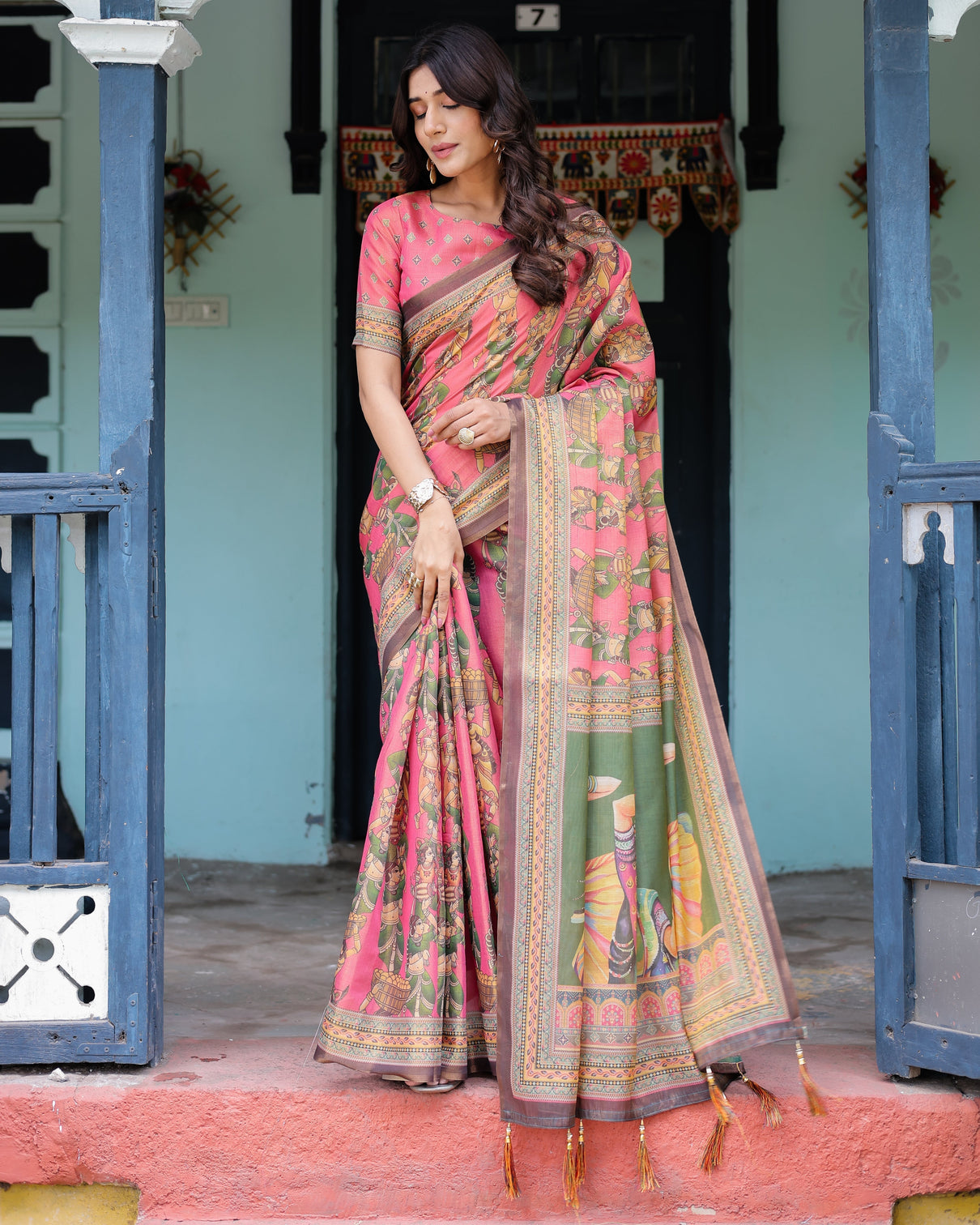 Coral pink handloom cotton saree with traditional folk procession print classical dance pallu