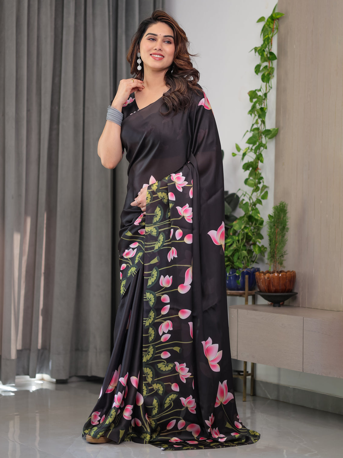 Black satin georgette lotus floral printed saree with attached blouse elegant designer saree for festive evening wear