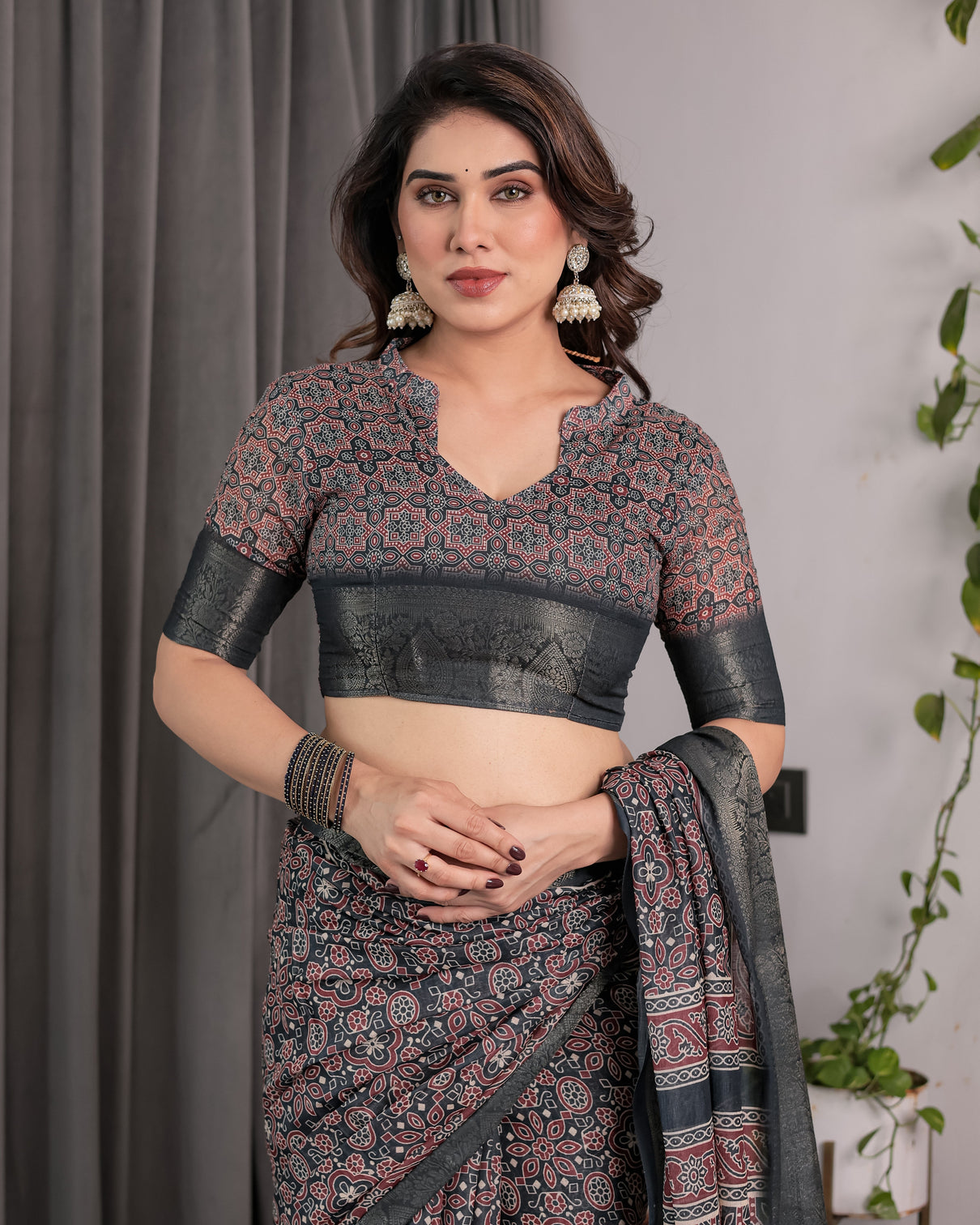 Heritage charcoal black handloom linen saree with ajrakh inspired print