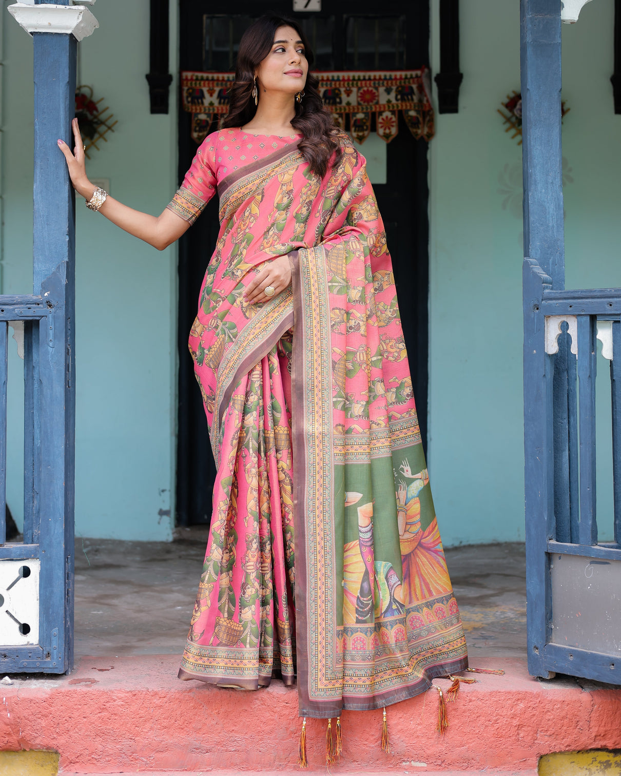 Coral pink handloom cotton saree with traditional folk procession print classical dance pallu