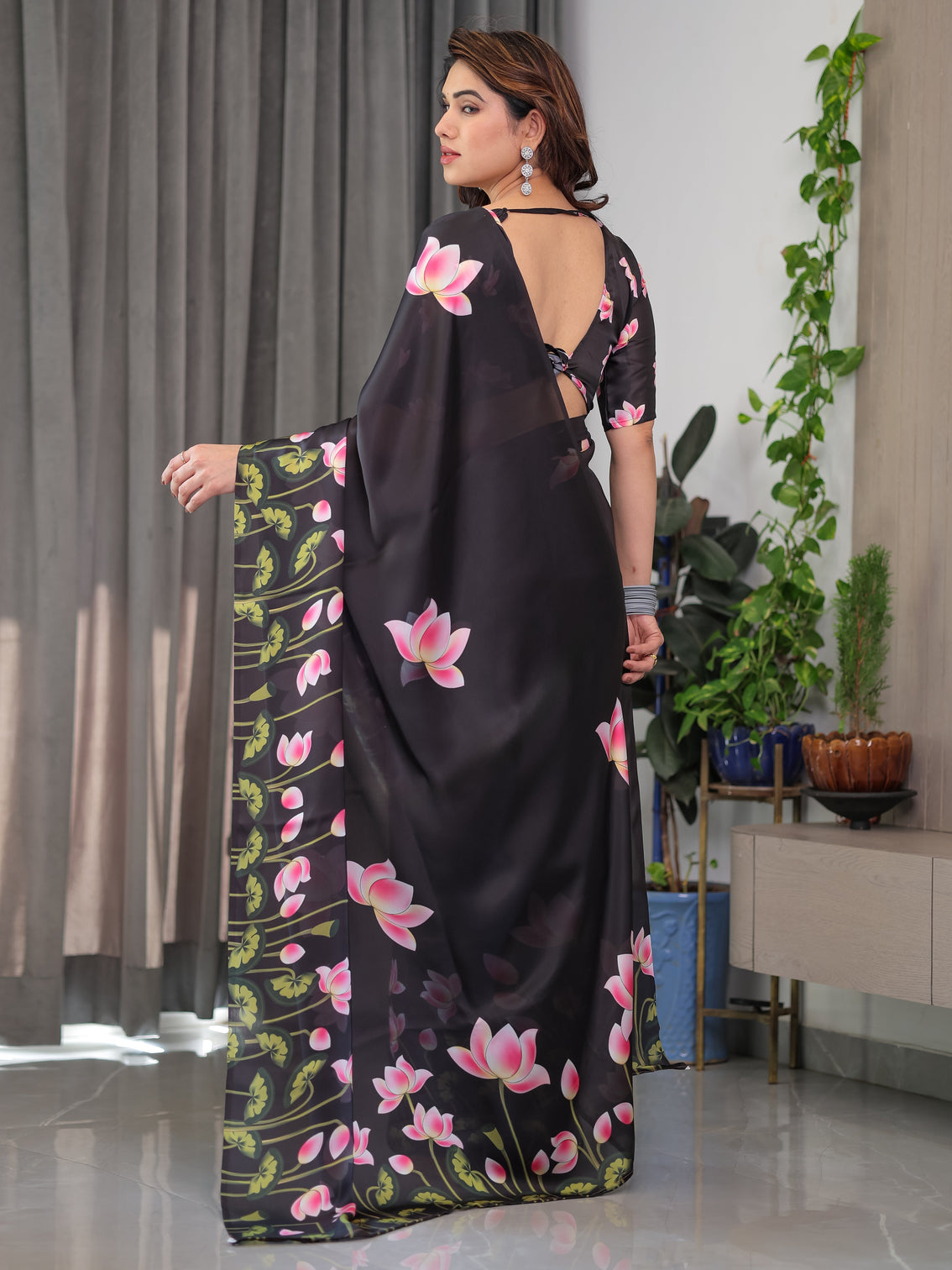 Black satin georgette lotus floral printed saree with attached blouse elegant designer saree for festive evening wear